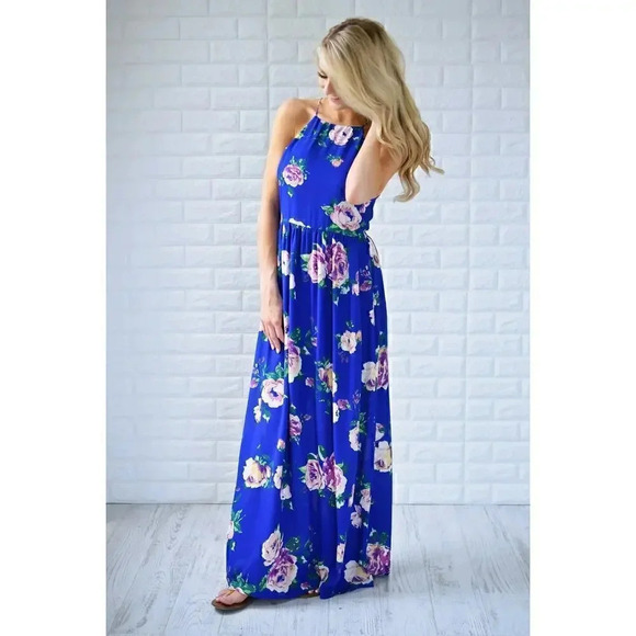 Everly Sleeveless Floral Maxi Dress Electric Blue Size M - Picture 2 of 11